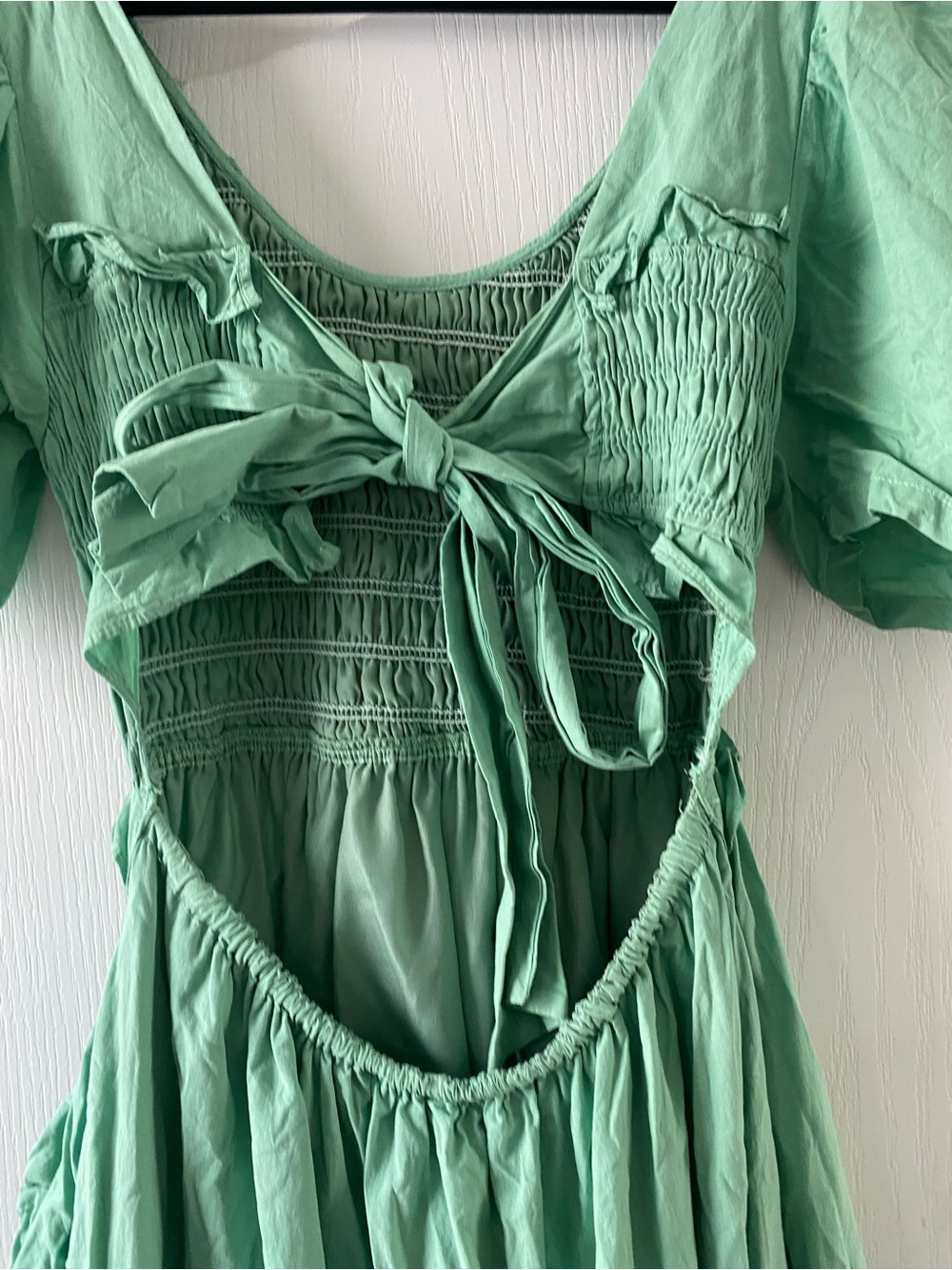 &Merci Sage Green Smocked Open Tie Back Tiered Puff Sleeve Coquette Midi Dress S - Picture 12 of 14